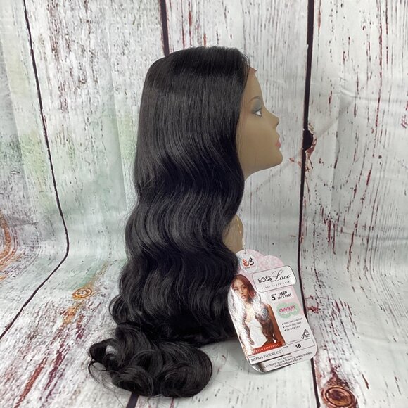 Rosewood #1B Off Black Long Body Wave Boss Lace Front Wig 5” Deep Part Synthetic - Picture 2 of 7